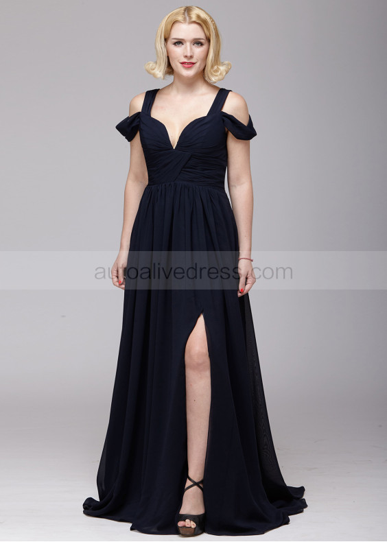 Cold Shoulder Navy Blue Chiffon Slit Long Prom Dress